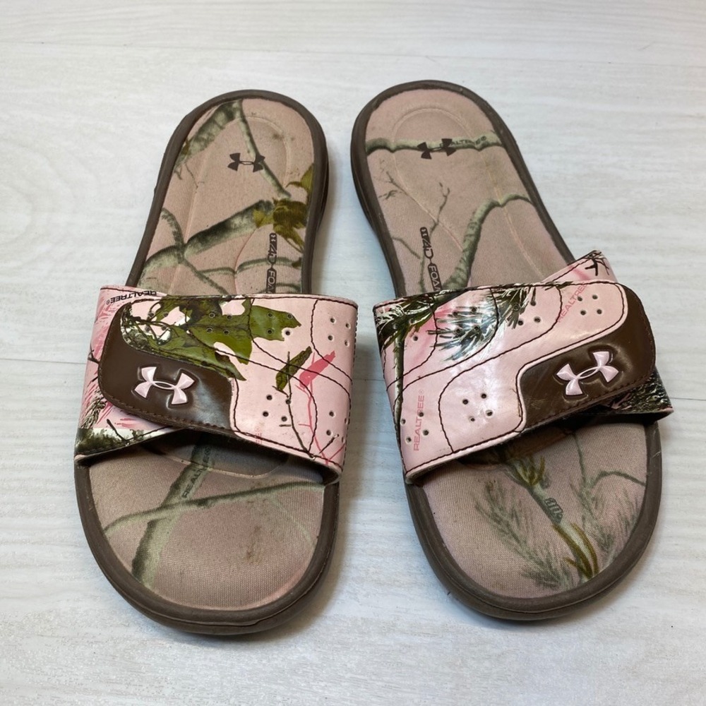 Under Armour Women 8 Ignite Realtree Camo Slides Pink Brown Foam Sandals 1244603